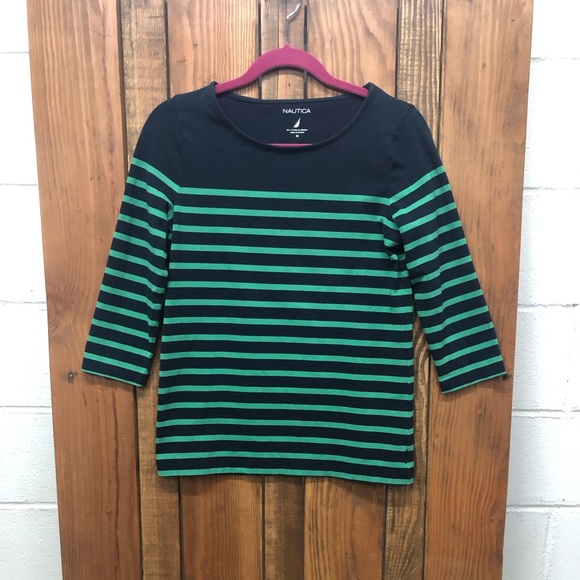 Nautica size medium green and navy striped top - Picture 5 of 8